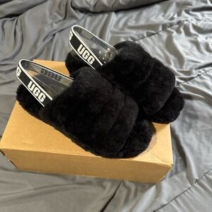 UGG Women's Black Furry Slippers with Logo Strap